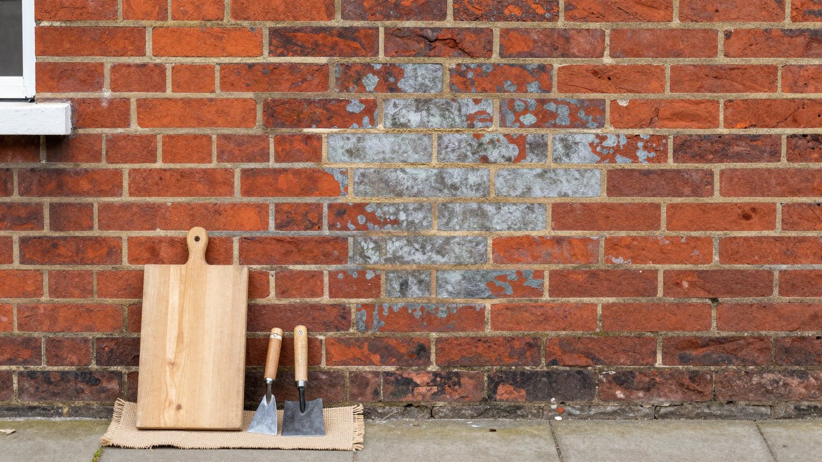 Victorian red brick wall showing pale lime mortar pointing next to older grey cement pointing, with a pointing trowel and plugging chisel on a hessian sheet