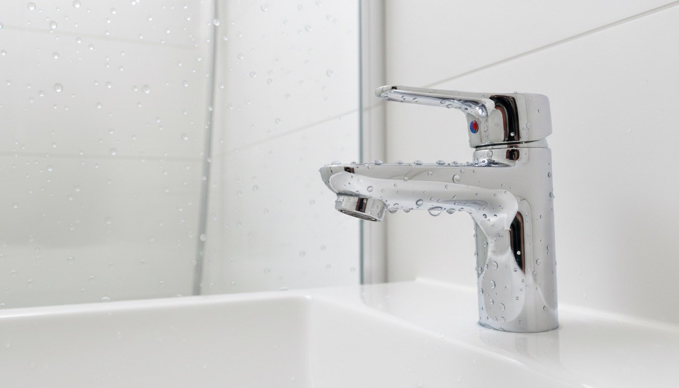 Sparkling chrome tap and shower screen free of limescale in a bright bathroom