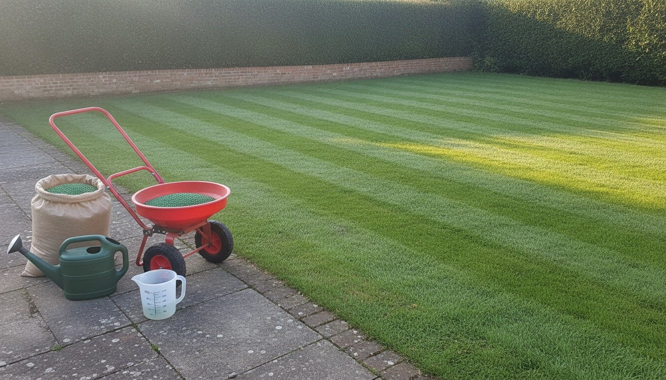 An open sack of green lawn fertiliser granules and a push spreader on paving beside a striped British back garden lawn