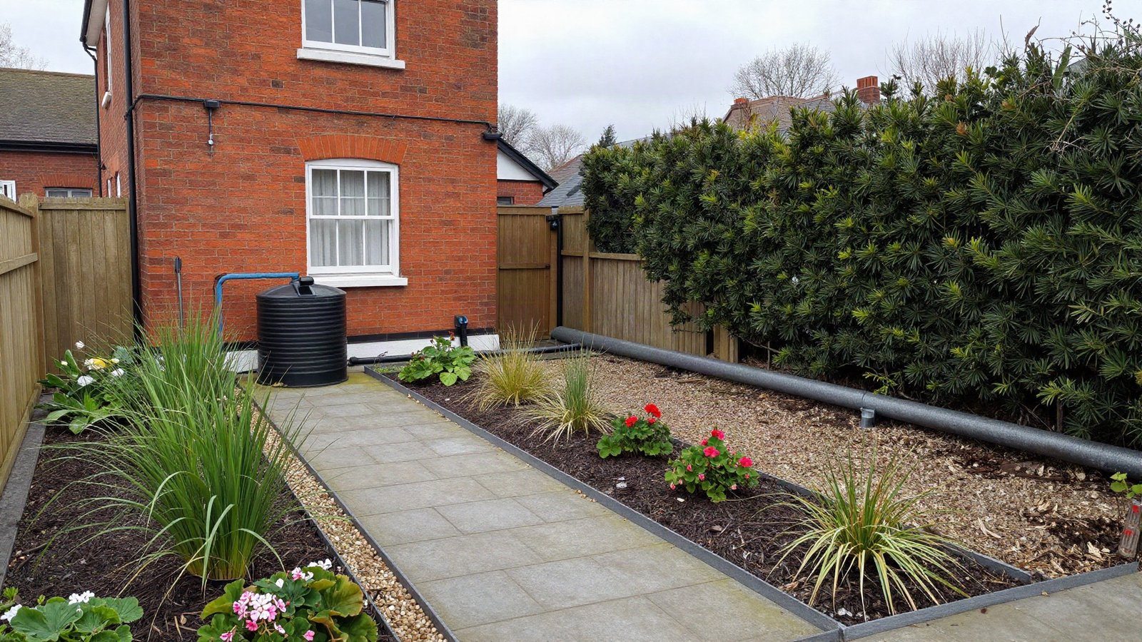 A compact UK back garden with porcelain paving, a gravel strip, ornamental grasses in mulched borders and a clipped evergreen hedge along a fence