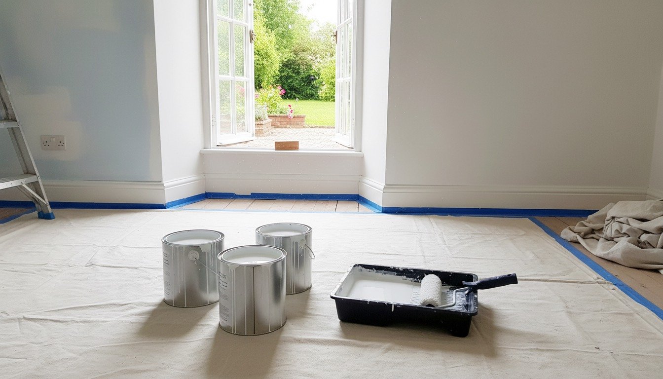Open tins of white low VOC emulsion, a roller tray and masking tape on a dust sheet in a part-painted UK bedroom with the sash window open.
