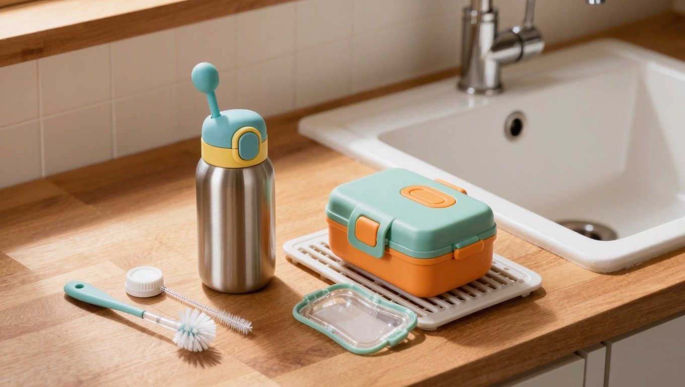 Disassembled children's water bottle with silicone straw, bottle brushes and bicarbonate of soda beside a lunchbox drying on a kitchen worktop