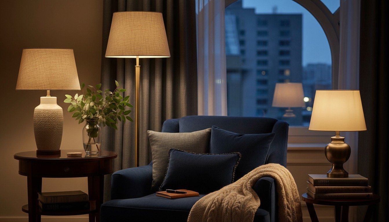 Cosy layered living room with warm lamps, textured cushions and fresh flowers