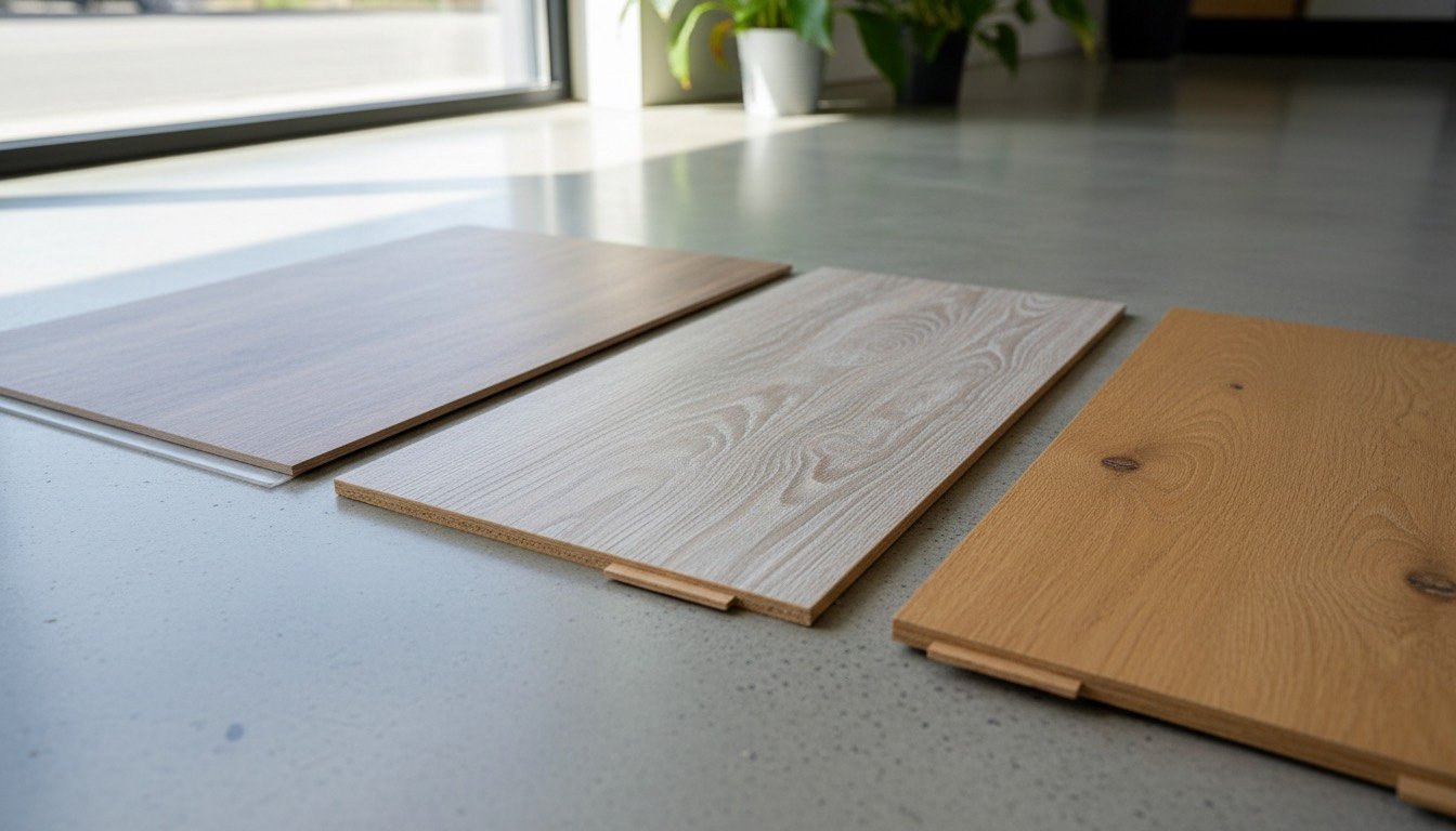 Three flooring samples — vinyl tile, laminate and engineered oak — side by side