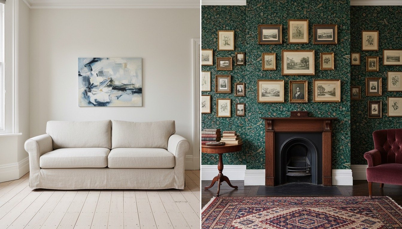Split view of a Victorian terrace living room: one half pared back with a linen sofa and bare walls, the other papered and layered with framed prints, books and a patterned rug
