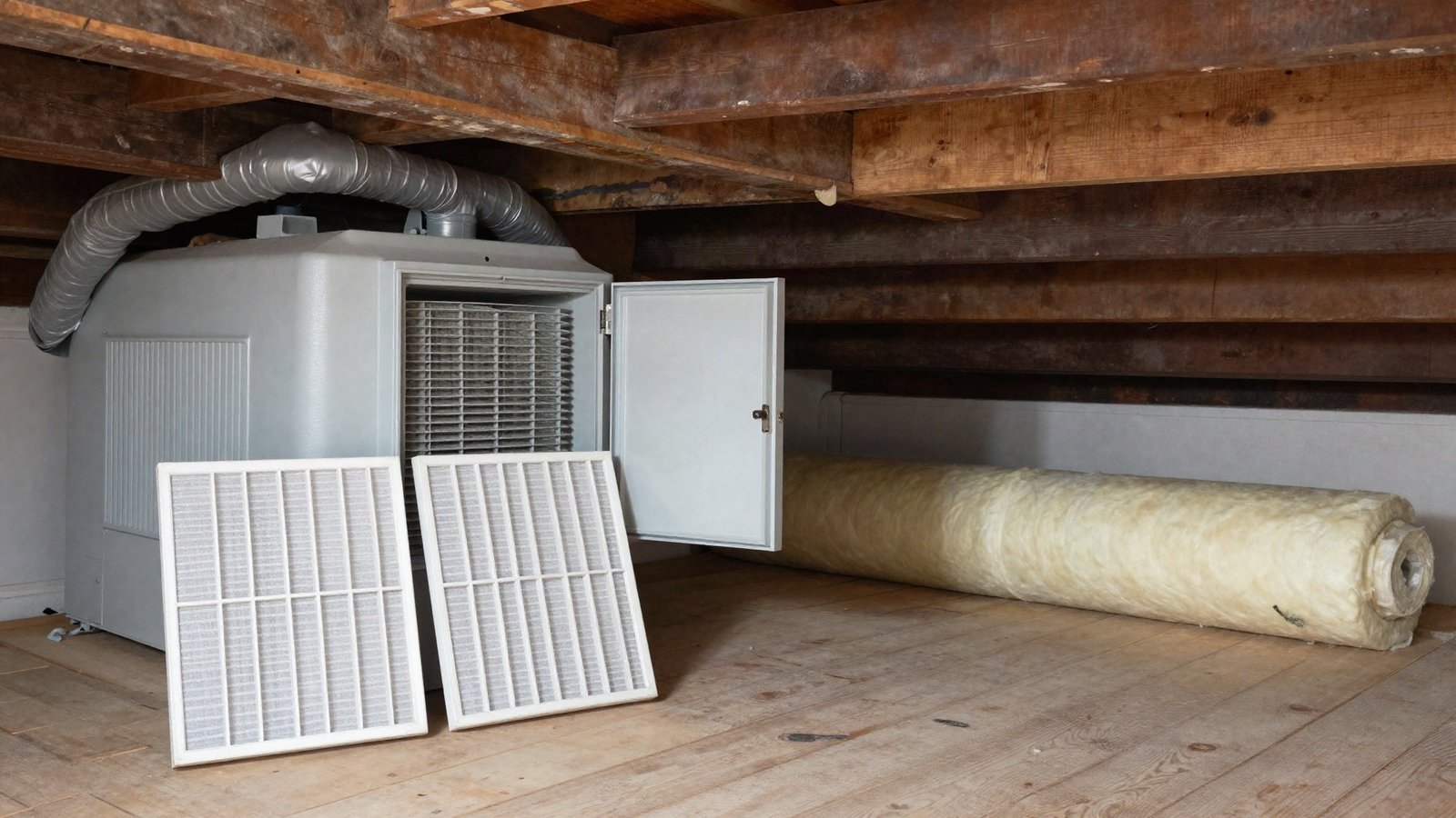 An open heat recovery ventilation unit in a loft with two pleated panel filters removed and resting on bare floorboards