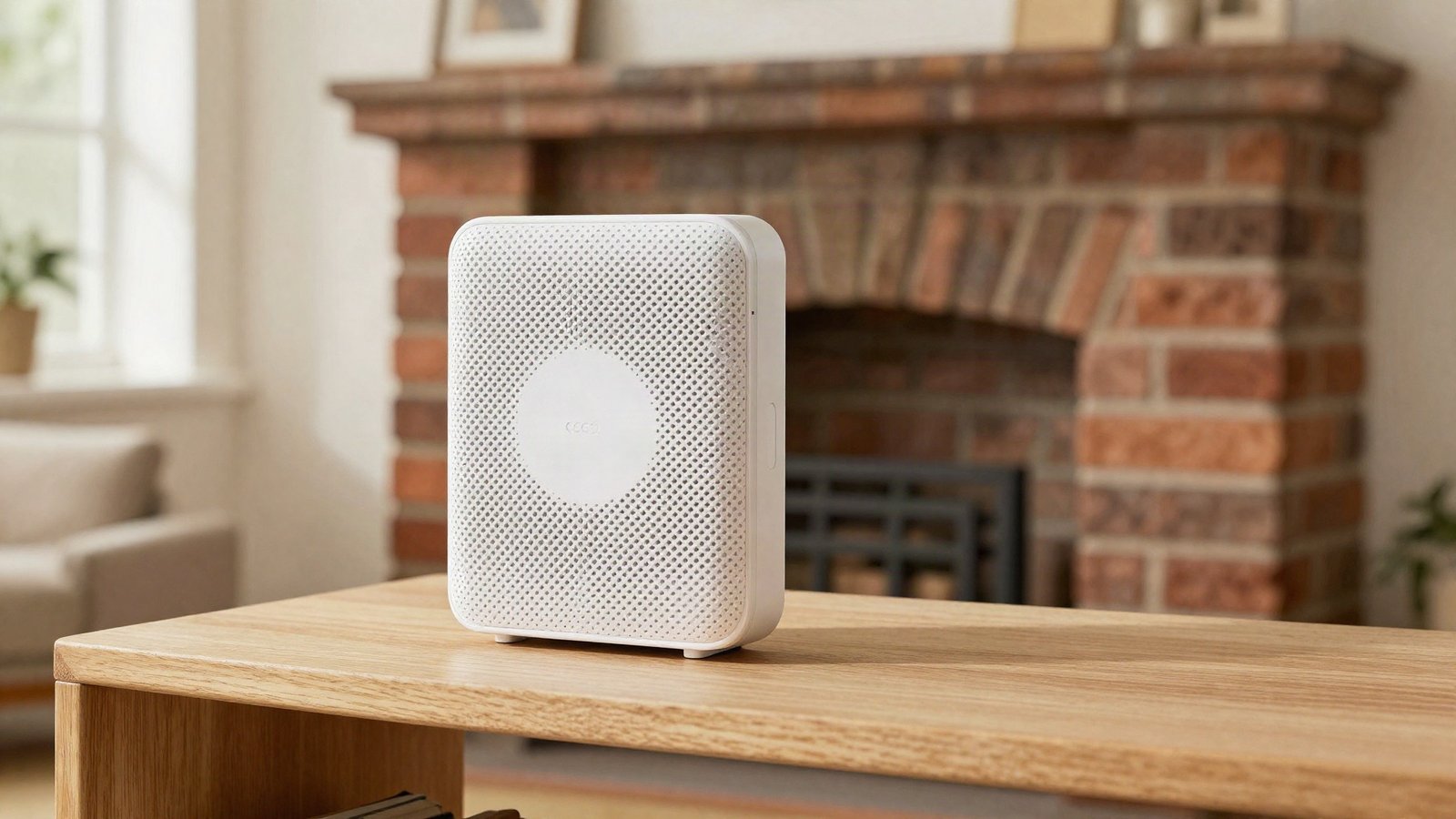 White mesh wifi node on a wooden shelf in a bright UK living room with a brick chimney breast behind it