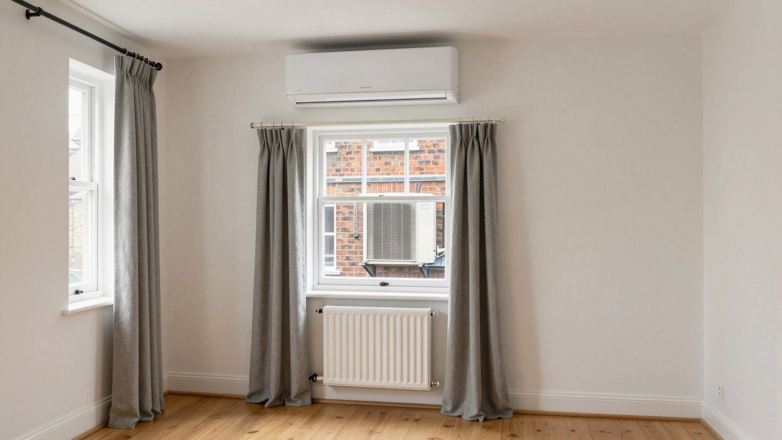 Wall-mounted white split air conditioning indoor unit above a bedroom window in a British semi-detached house, with the outdoor condenser on brackets against red brick outside