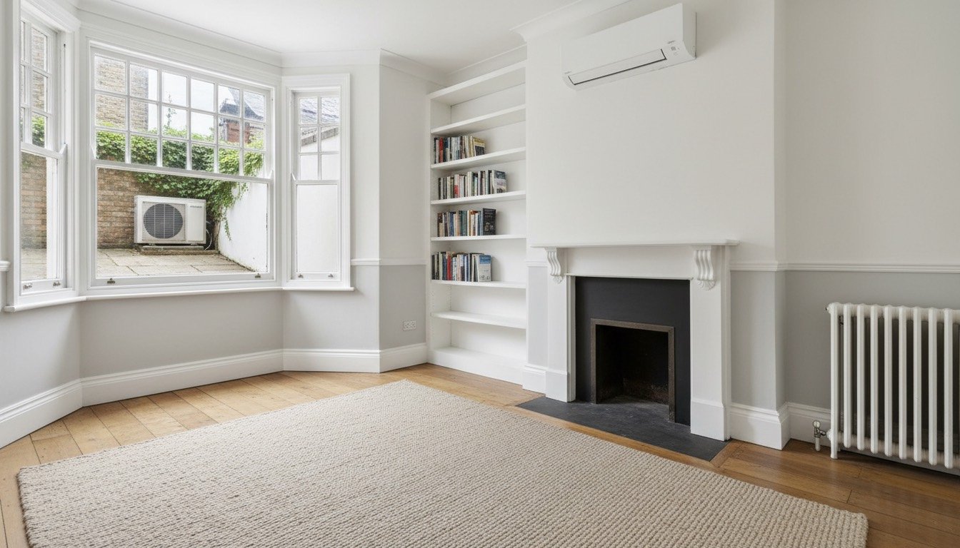 A wall-mounted white split air conditioning unit above a bookcase in a bright 1930s British living room, with the outdoor condenser visible through the window