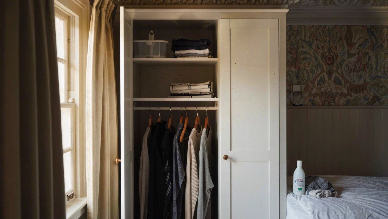 Open wardrobe against a bedroom wall with spaced wooden hangers, folded knitwear and a moisture trap on the shelf