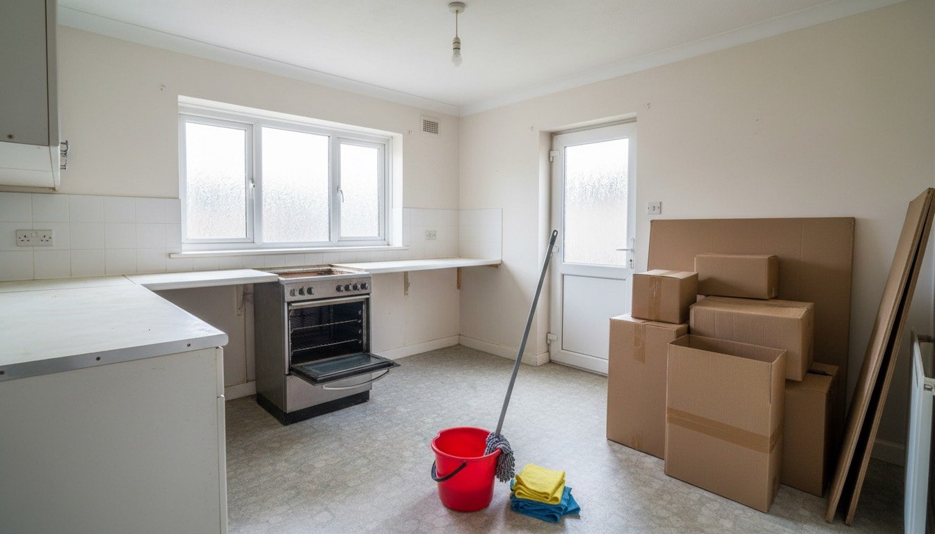 Empty UK kitchen on moving day with a mop bucket, microfibre cloths and stacked cardboard boxes