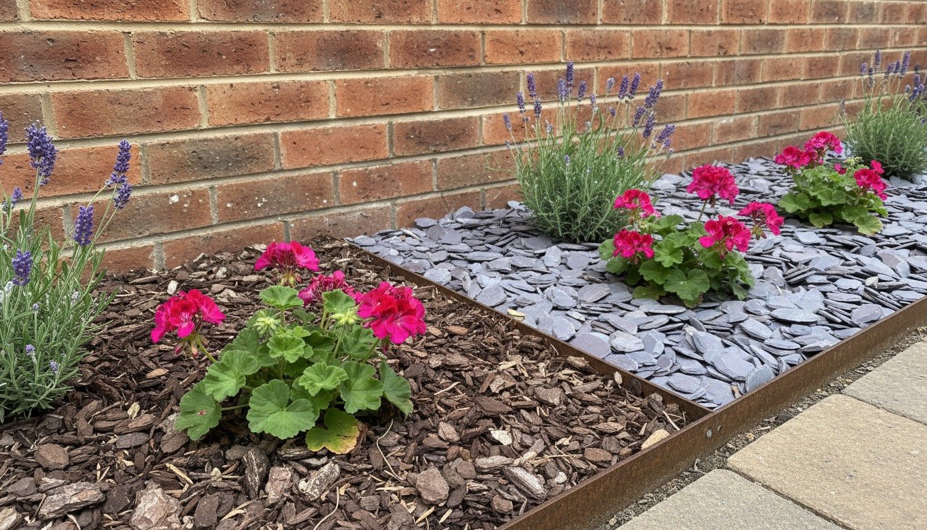 A UK garden border half covered in dark bark chippings and half in grey slate chippings, with a metal edging strip separating them