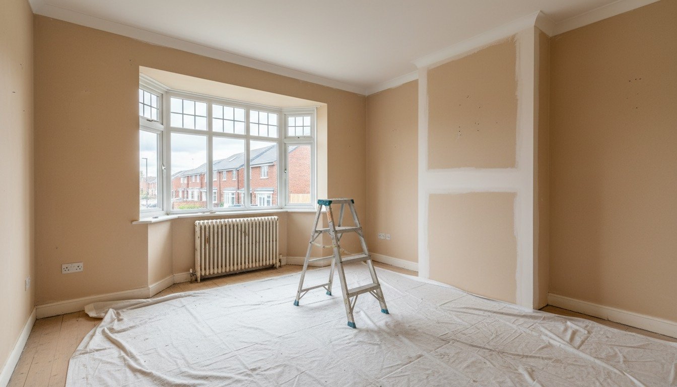 A half-renovated 1930s British semi with bare plaster walls and dust sheets, with a new-build estate visible through the bay window
