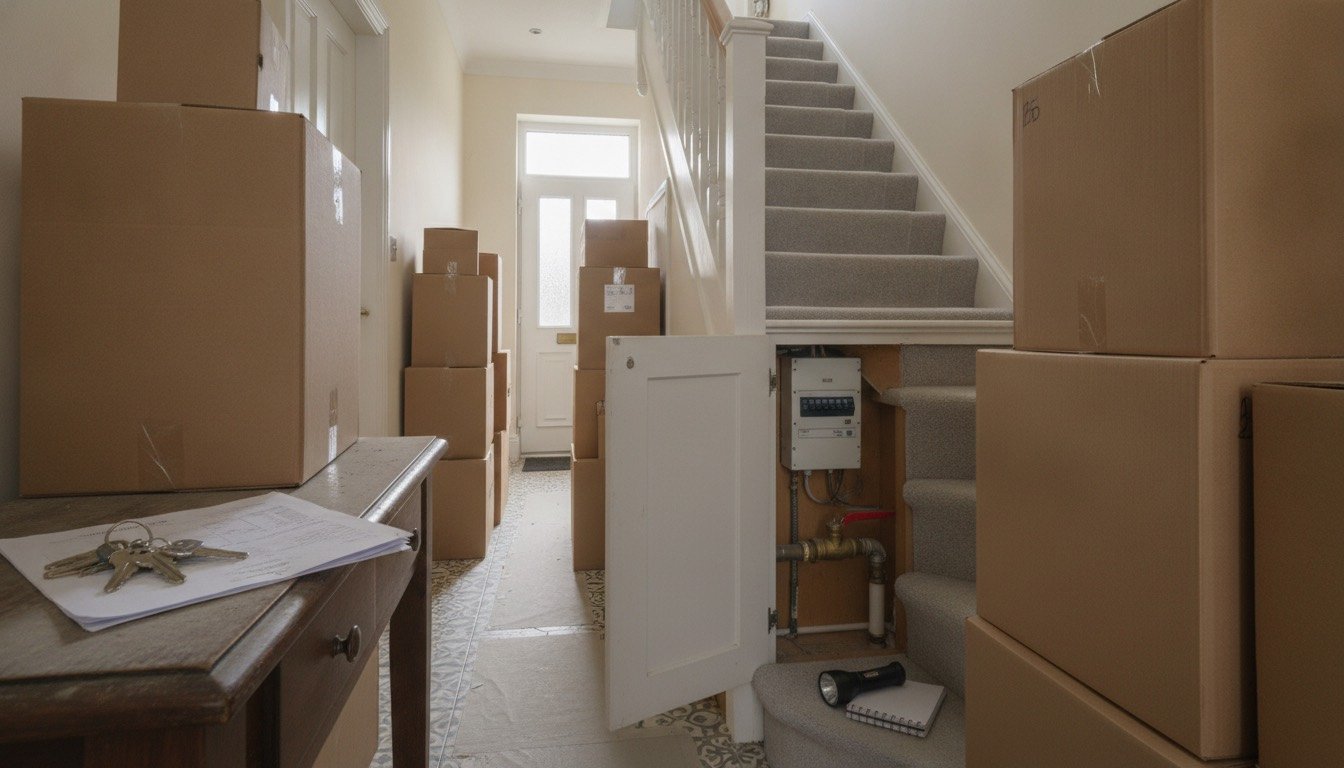 Moving-day hallway in a UK terraced house with stacked cardboard boxes, a set of door keys on a survey report and a torch on the bottom stair
