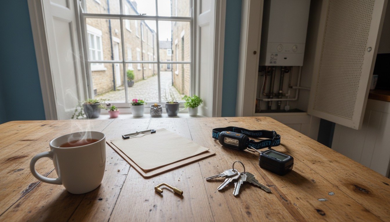 Kitchen table in a British home with house keys, a radiator bleed key, head torch and moisture meter laid out ready for first-year home maintenance