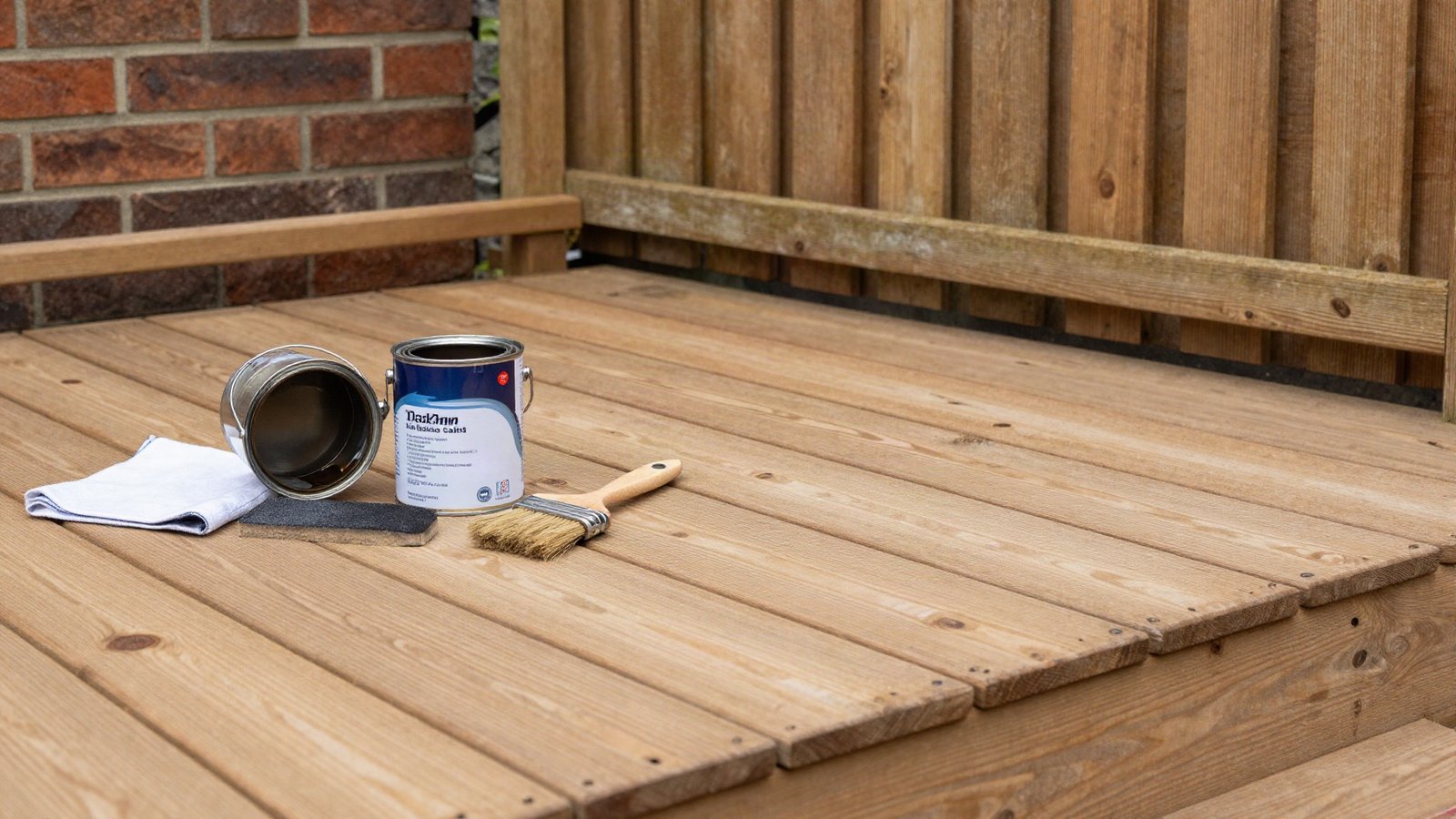 Two tins of exterior wood stain, a brush and a paint kettle on a partly stained softwood deck in a British garden