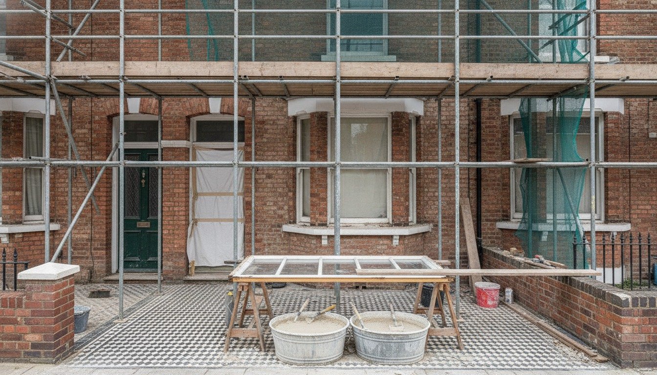A Victorian red-brick terraced house mid-renovation with scaffolding on the front elevation and a box sash window removed for repair