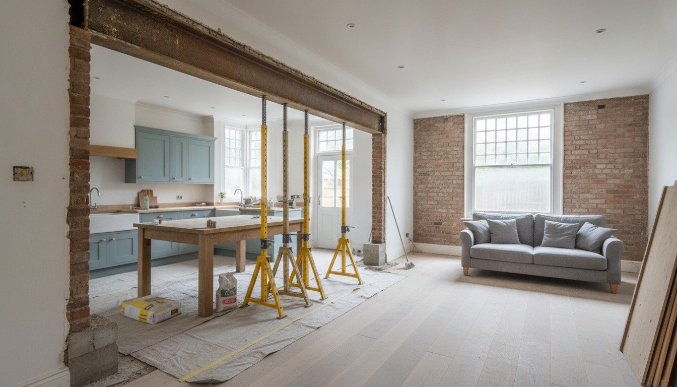 A knocked-through ground floor in a 1930s British semi showing a steel beam opening between a kitchen and a living area with a sofa and dining table