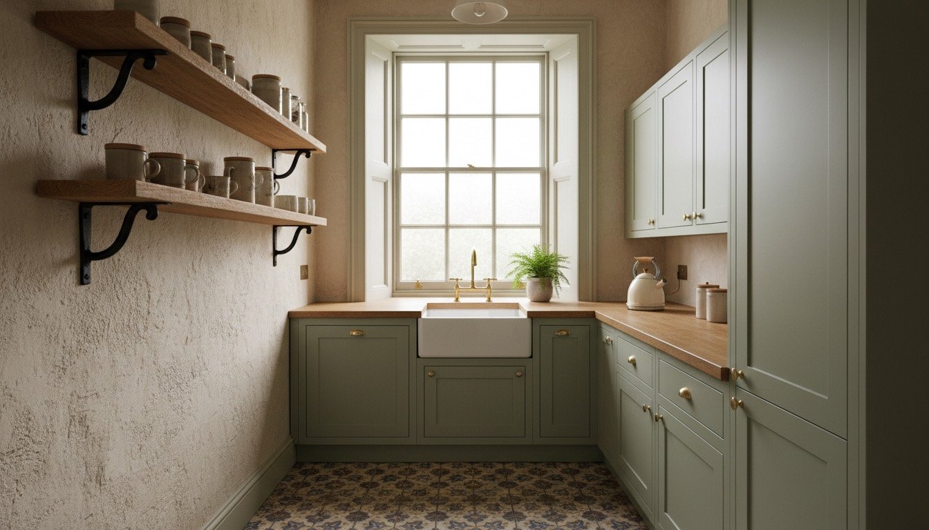 A Victorian terrace kitchen with two oak open shelves on iron brackets above a run of painted wall cabinets