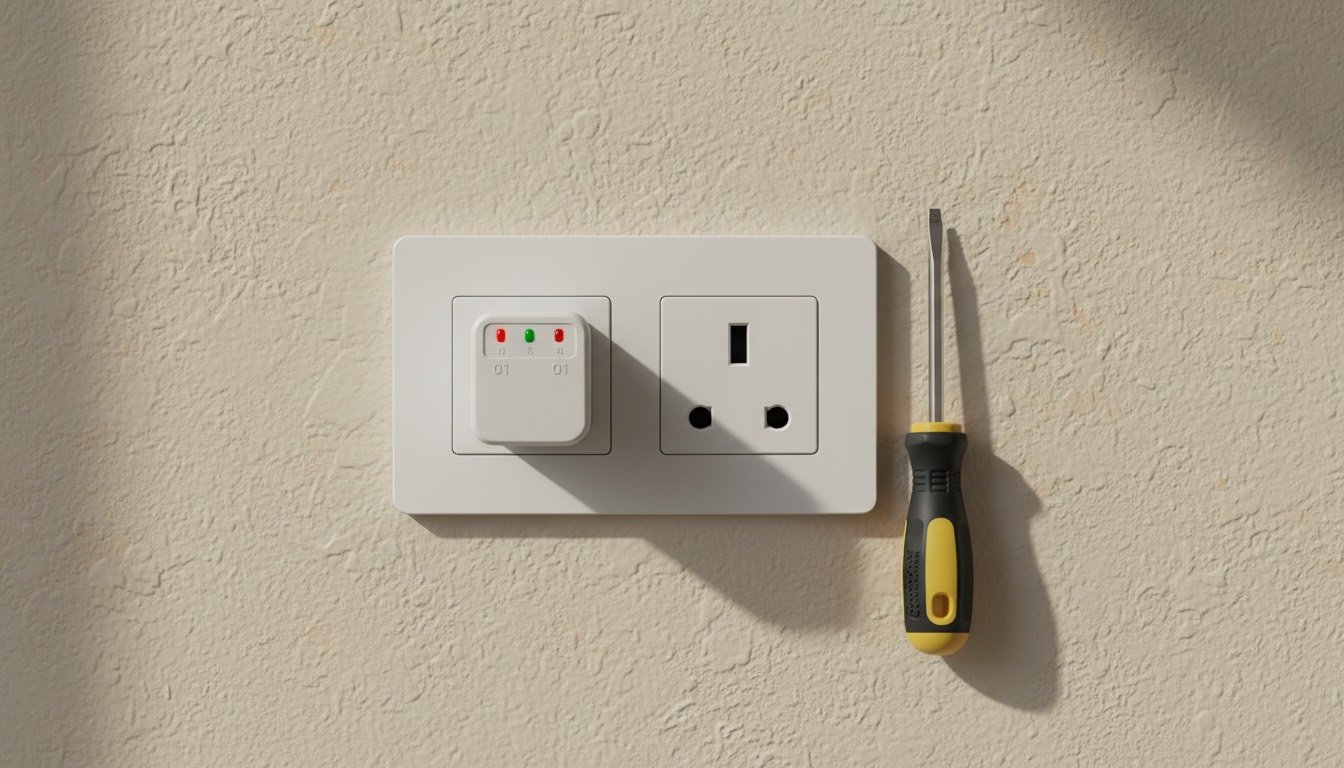 White UK double plug socket on a painted wall with a plug-in socket tester and screwdriver on the side