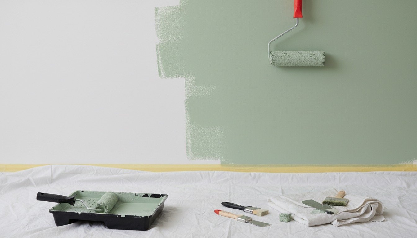 Roller applying sage green paint to a wall above neat dust sheets