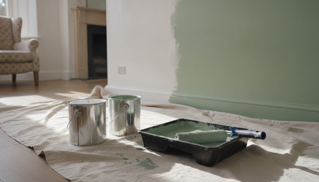 Open tins of white primer and coloured emulsion with a roller tray on a dust sheet beside a half-painted living room wall
