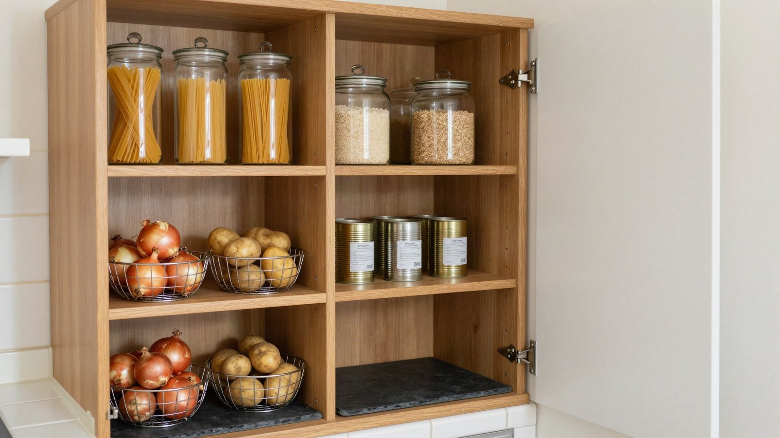 Open full-height larder cupboard in a UK kitchen with glass storage jars, wire baskets of onions and tiered tin risers on birch ply shelves