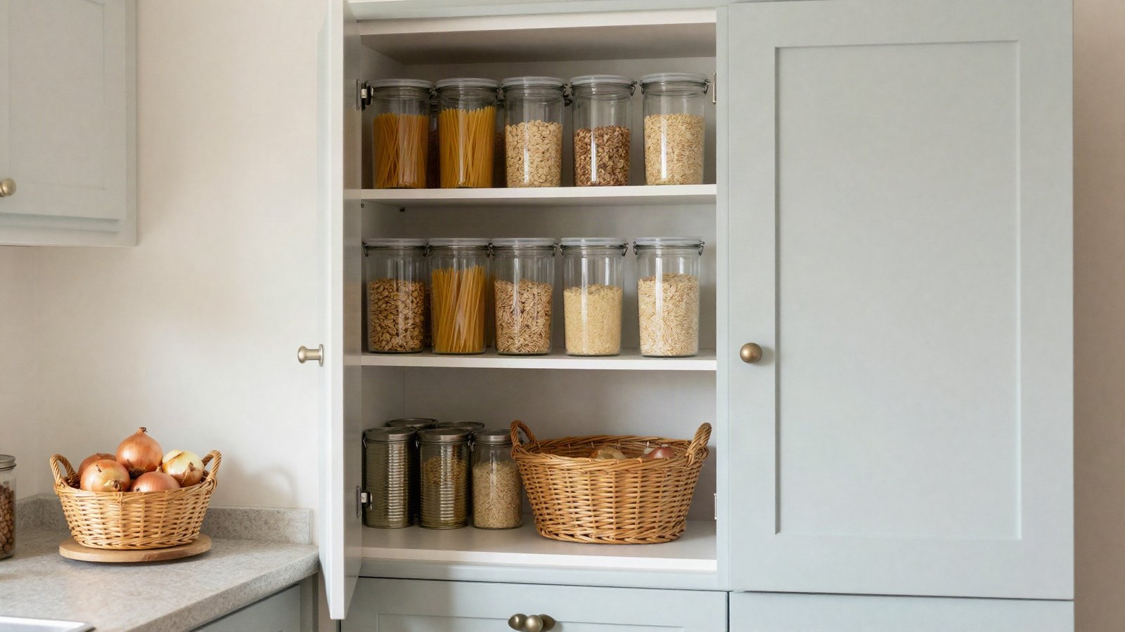 An open tall larder cupboard in a UK kitchen with clear storage jars of pasta, rice and oats, rows of tins, a wicker basket of onions and a small spice turntable