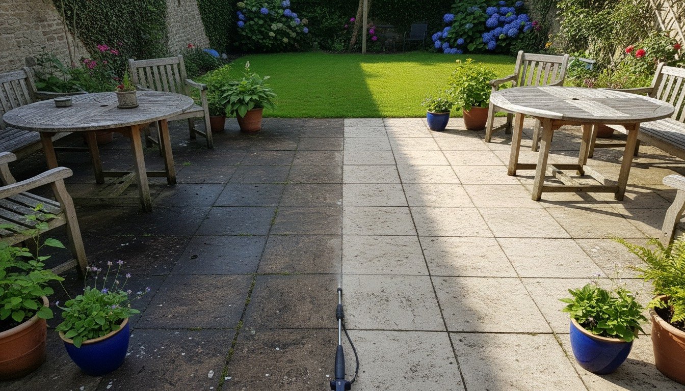 Half-cleaned patio showing dramatic difference between grimy and freshly washed slabs