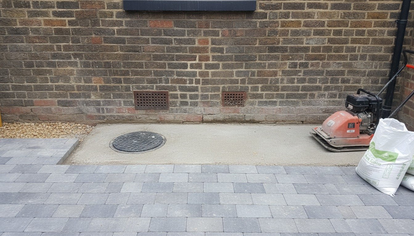 Half-laid block paving meeting a poured concrete slab at the rear of a Victorian brick terrace, with a shingle margin along the wall