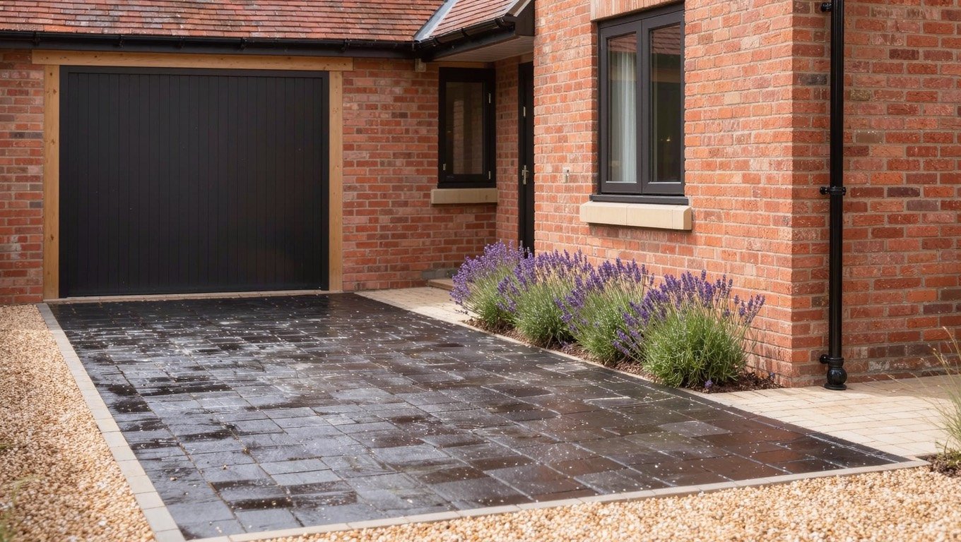 Permeable block paving driveway with gravel and planted borders in front of a UK terraced house