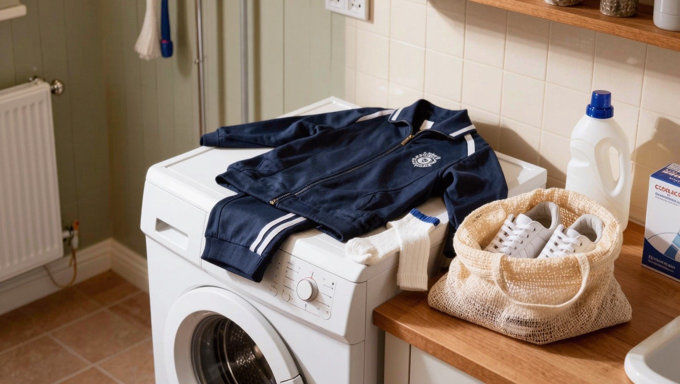 Navy PE kit, white sports socks and trainers in a mesh laundry bag laid out on a washing machine in a UK utility room