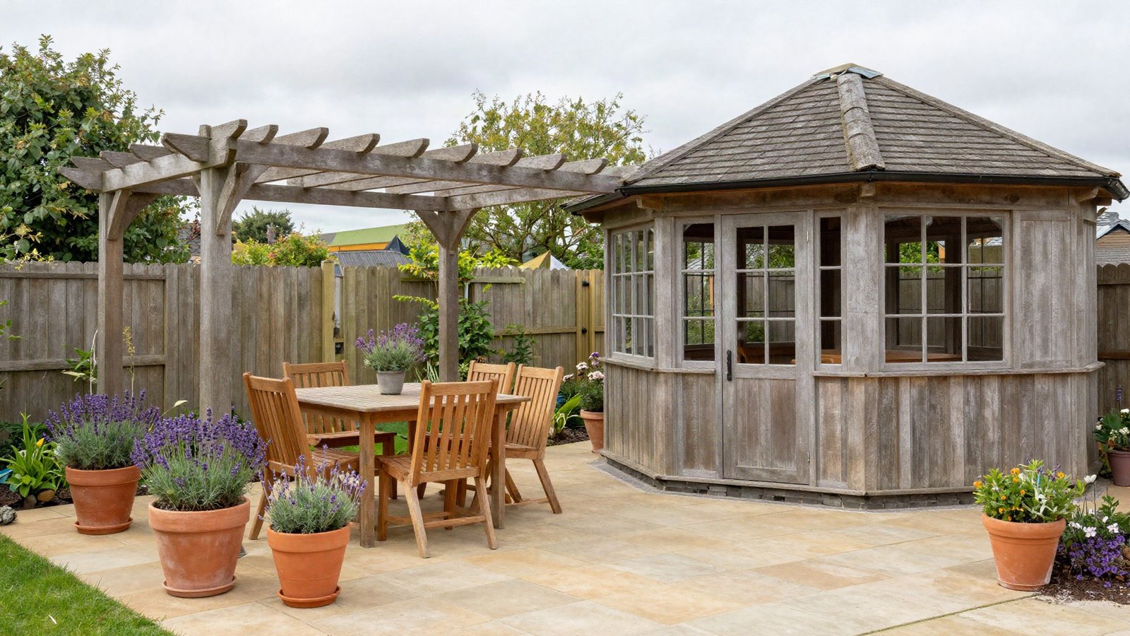 A timber pergola over a paved patio beside a solid-roofed garden gazebo, showing the difference between an open rafter frame and a covered structure