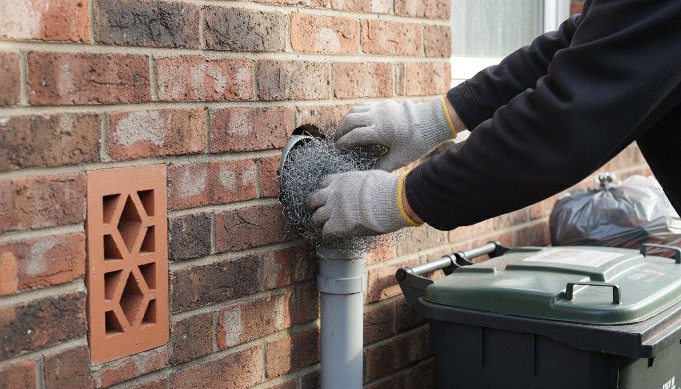 Gloved hands packing stainless steel wire wool into the gap around a waste pipe entering the brick wall of a UK terraced house, beside a clay airbrick