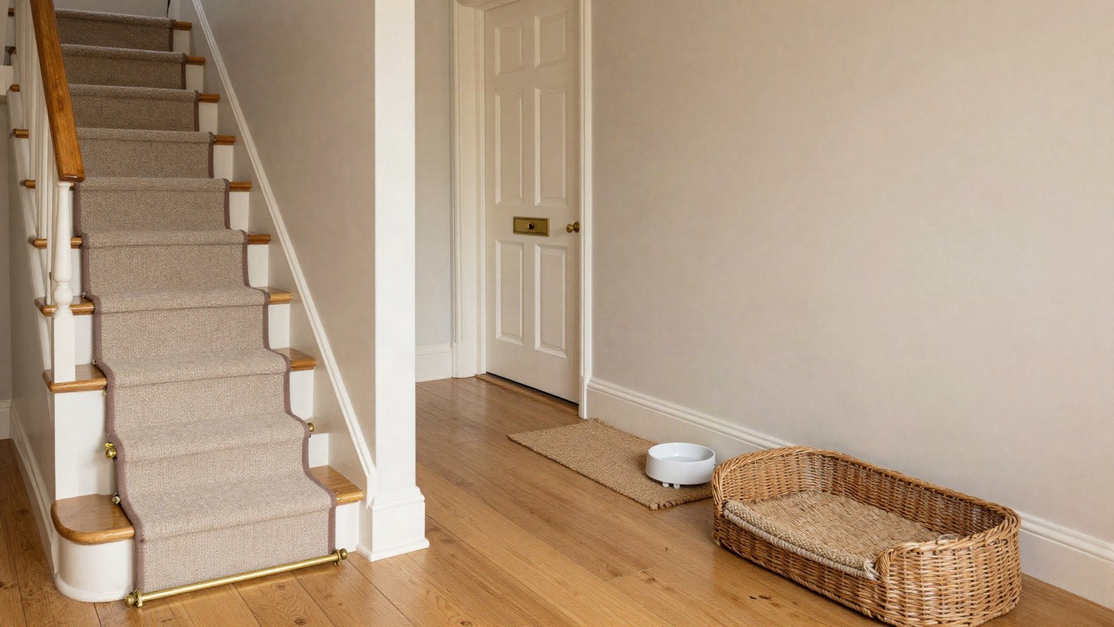 Victorian terrace hallway with engineered oak flooring, a wool stair runner, deep skirting boards and a dog bed beside a panelled front door