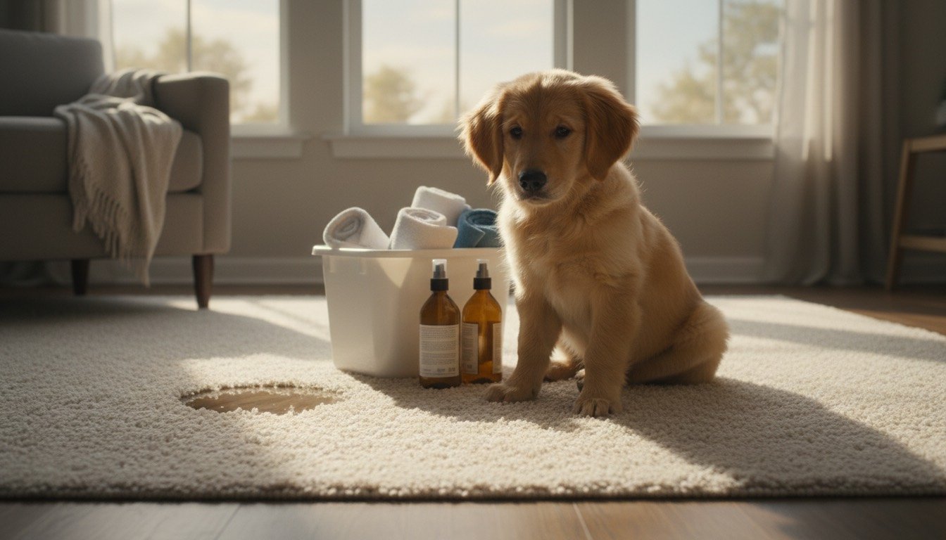 Puppy sitting sheepishly on a cream carpet beside a cleaning caddy