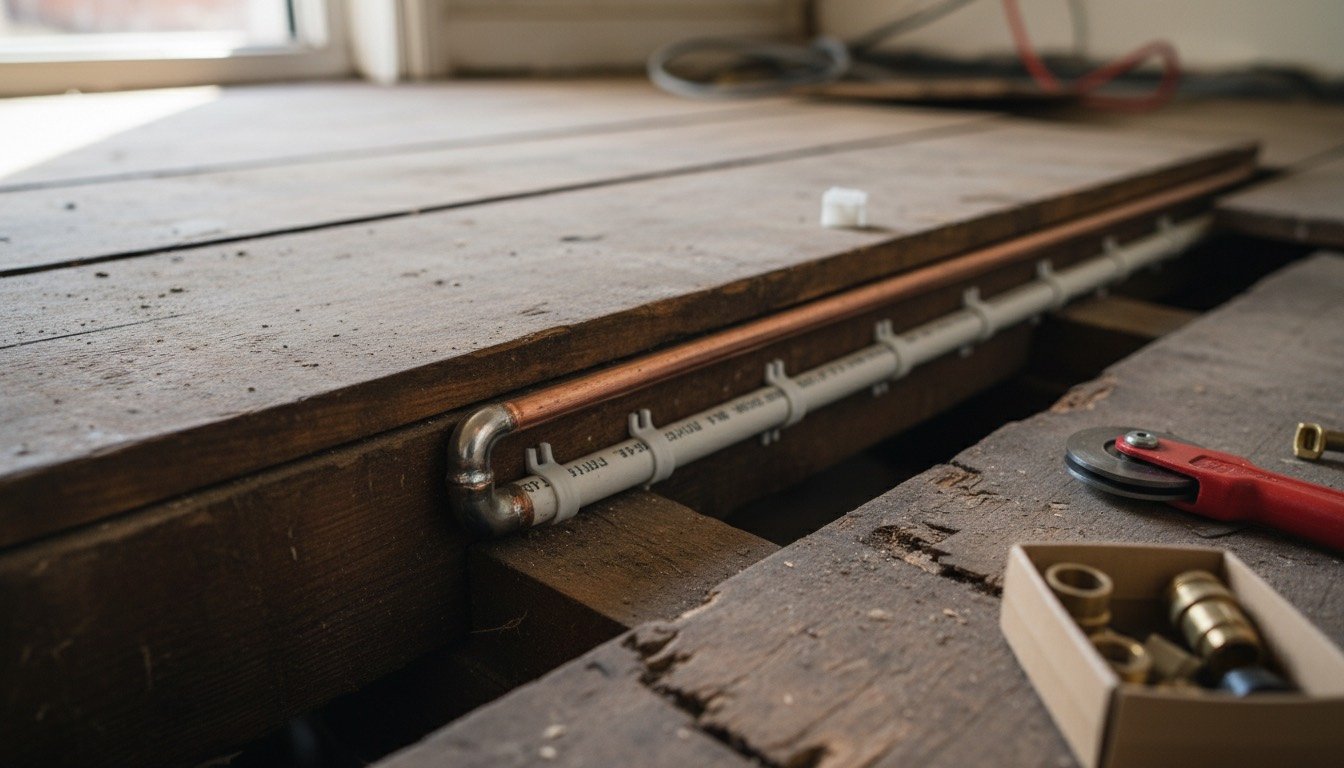 Copper tube and white plastic push-fit barrier pipe running side by side under the floorboards of a UK house