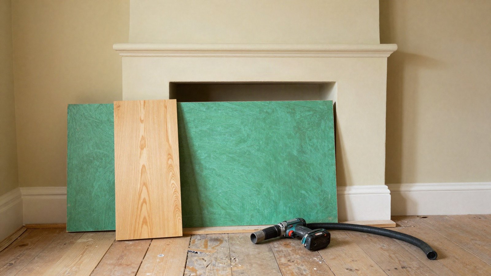 An offcut of 18mm birch plywood showing its cross-banded edge propped beside a sheet of green moisture-resistant MDF in a Victorian alcove