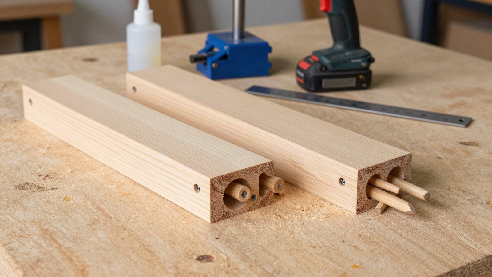 Two test joints on a workshop bench: one assembled with angled pocket hole screws, the other with beech dowels, beside a pocket hole jig and cordless drill