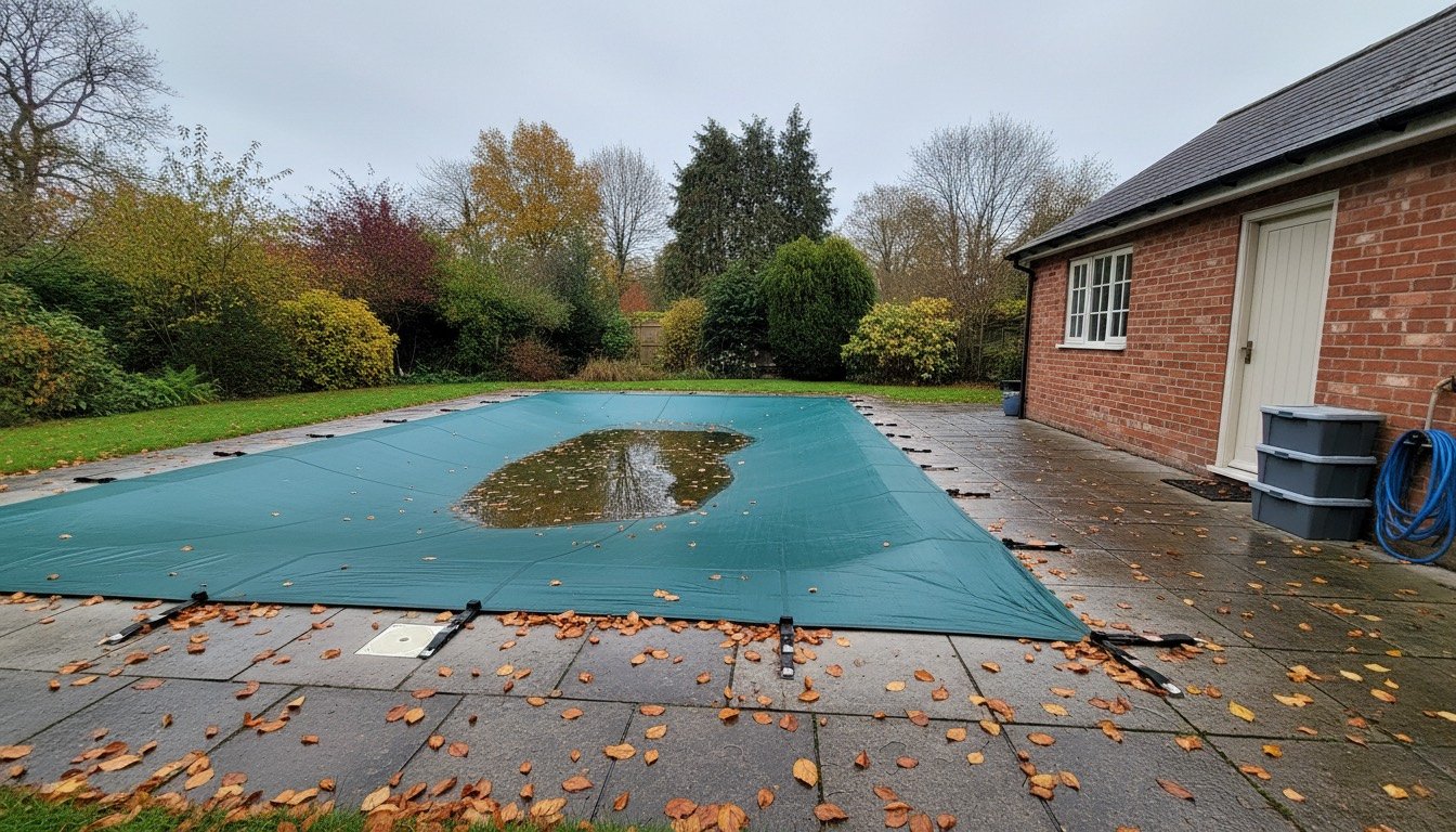 A covered in-ground swimming pool in a British back garden on an overcast autumn morning, with fallen leaves on the surrounding paving and winterising chemicals beside the plant room door