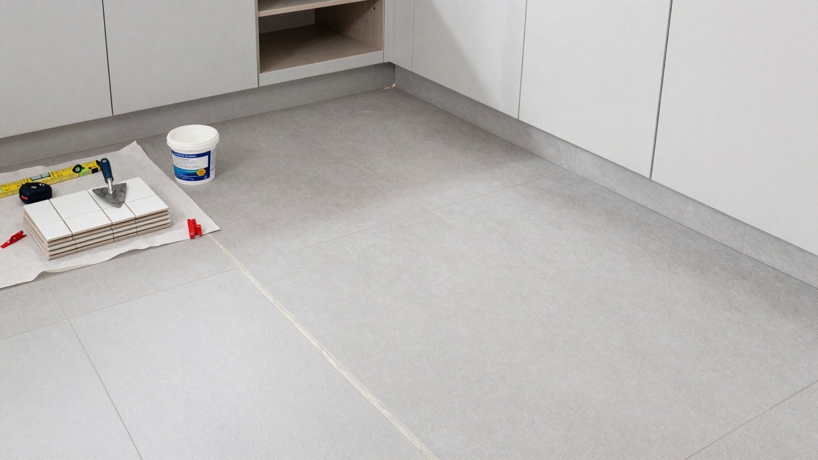 Large-format grey porcelain floor tiles part-laid in a UK kitchen beside a stack of glazed ceramic wall tiles, with a notched trowel and tub of adhesive