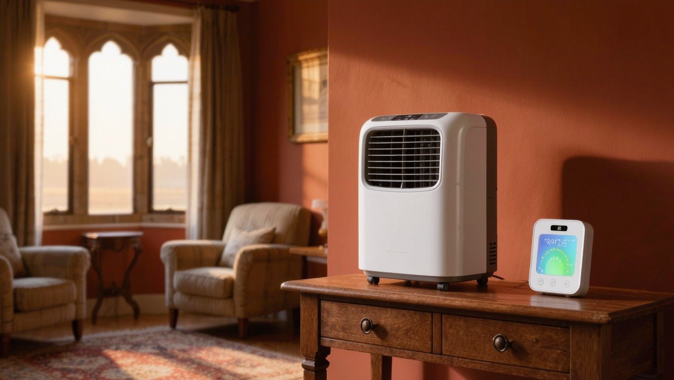 White portable air conditioner with exhaust hose vented through a sash window in a UK living room, energy monitor plug at the socket