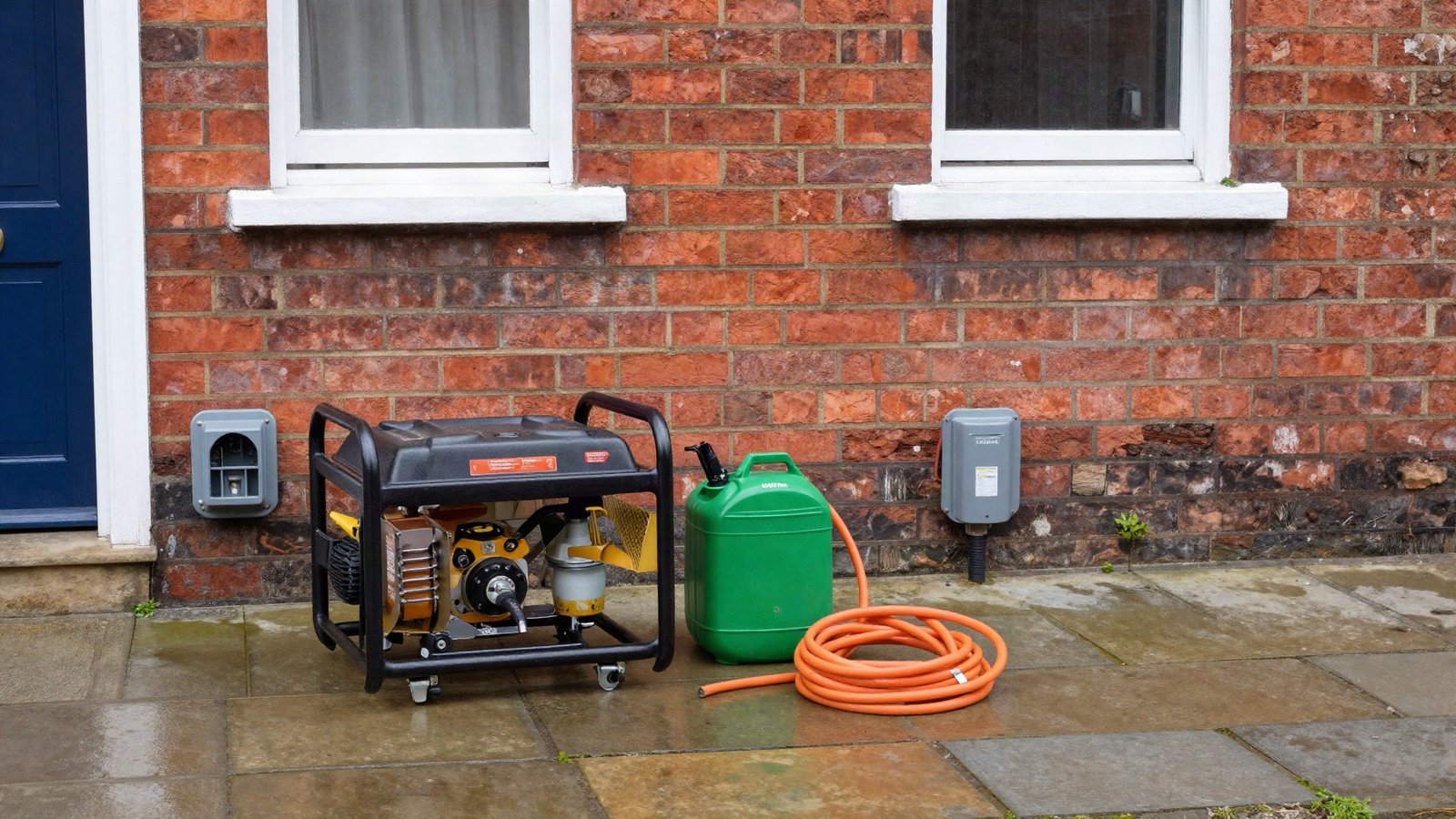 A compact petrol inverter generator on a paved patio beside the back door of a red-brick Victorian terraced house, with an extension lead and a fuel can