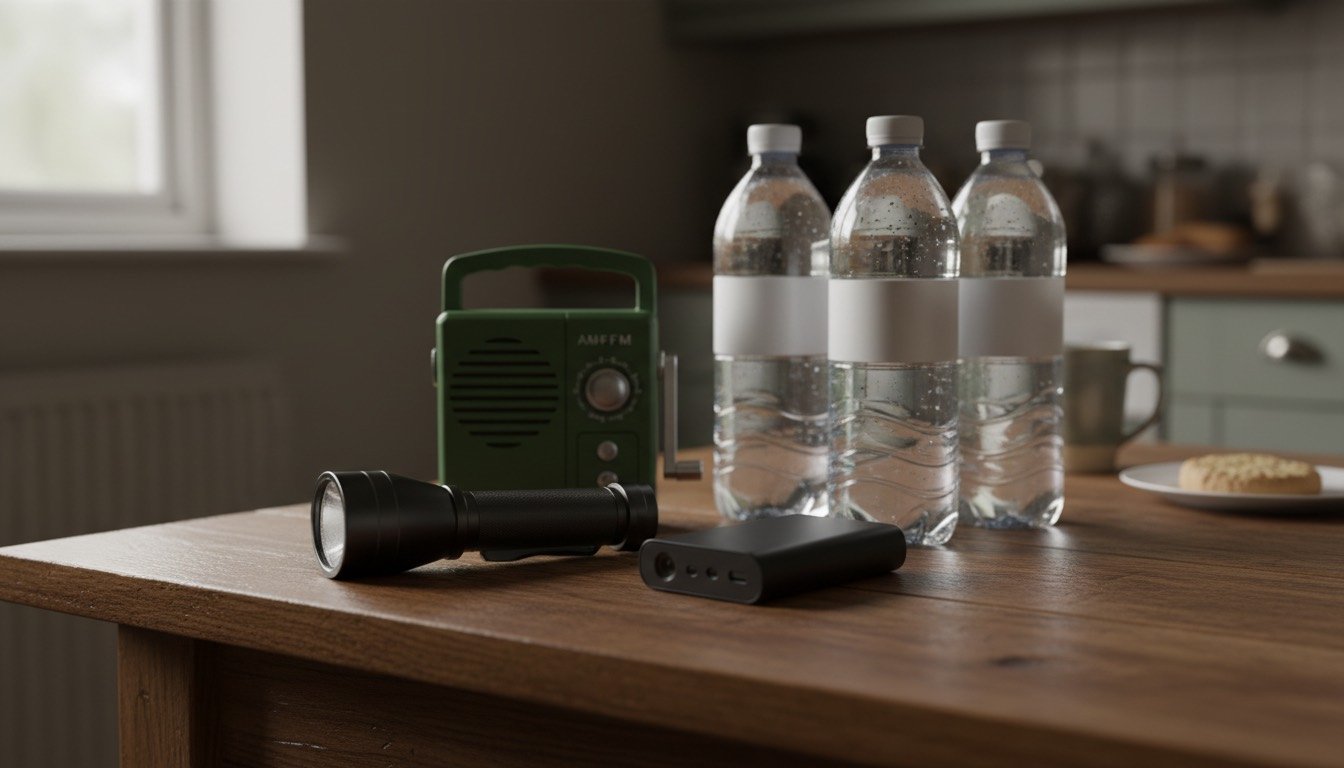 Torch, power bank, wind-up radio and bottled water laid out on a wooden kitchen table in a UK home during a power cut