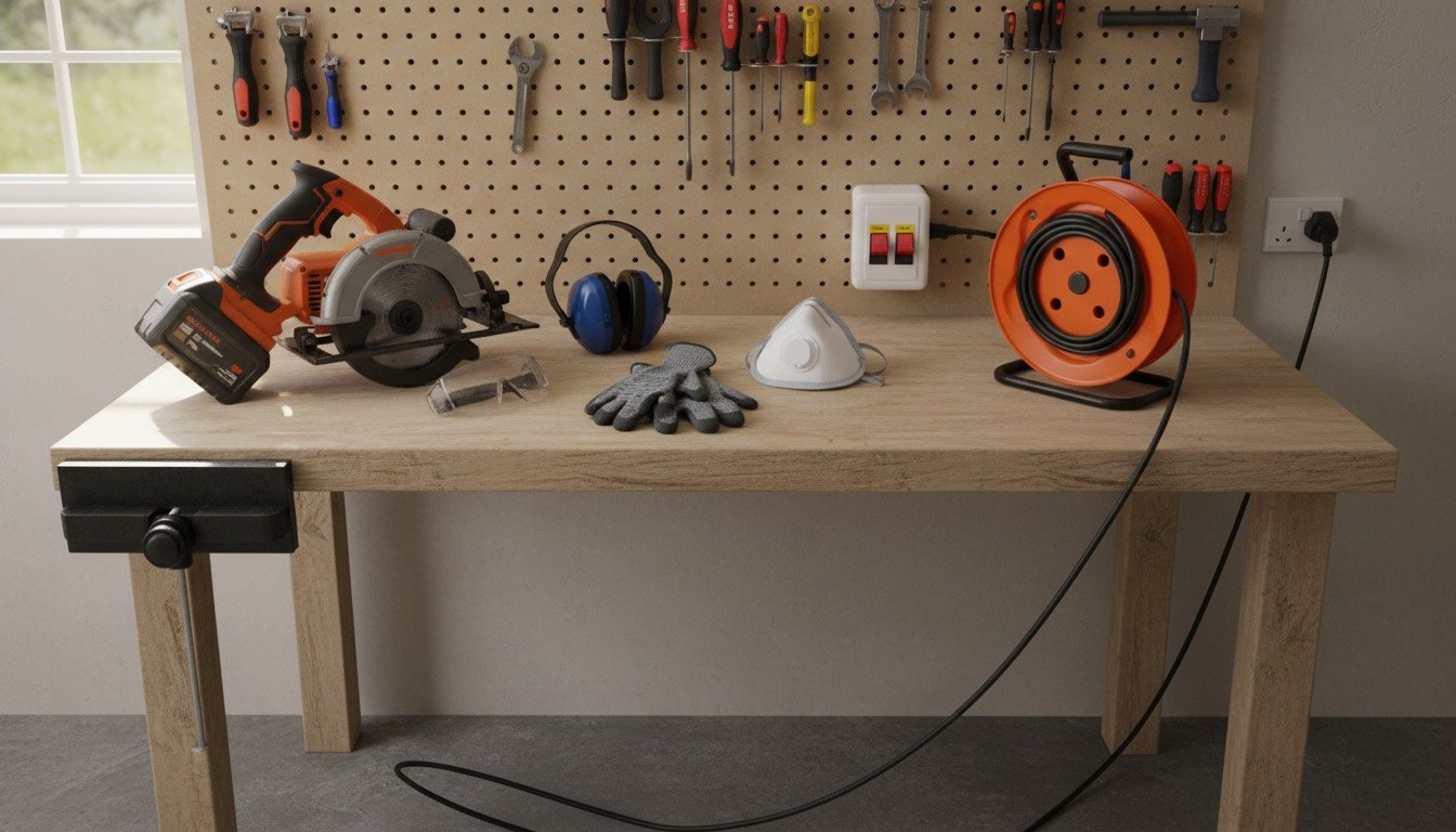 A tidy UK garage workbench with a cordless circular saw, safety goggles, ear defenders and an FFP3 mask laid out ready for use
