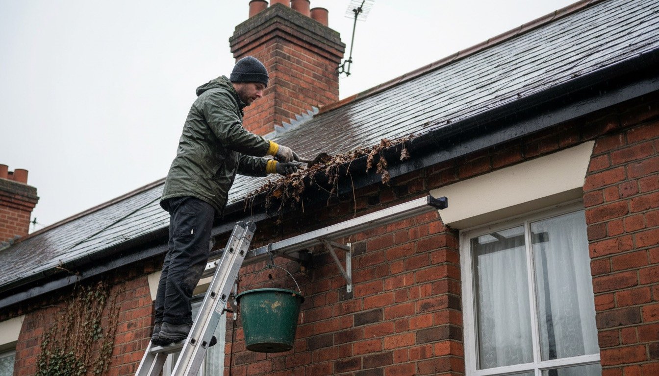 A homeowner clearing wet leaves from a cast-iron gutter on a Victorian terraced house using a ladder stabiliser