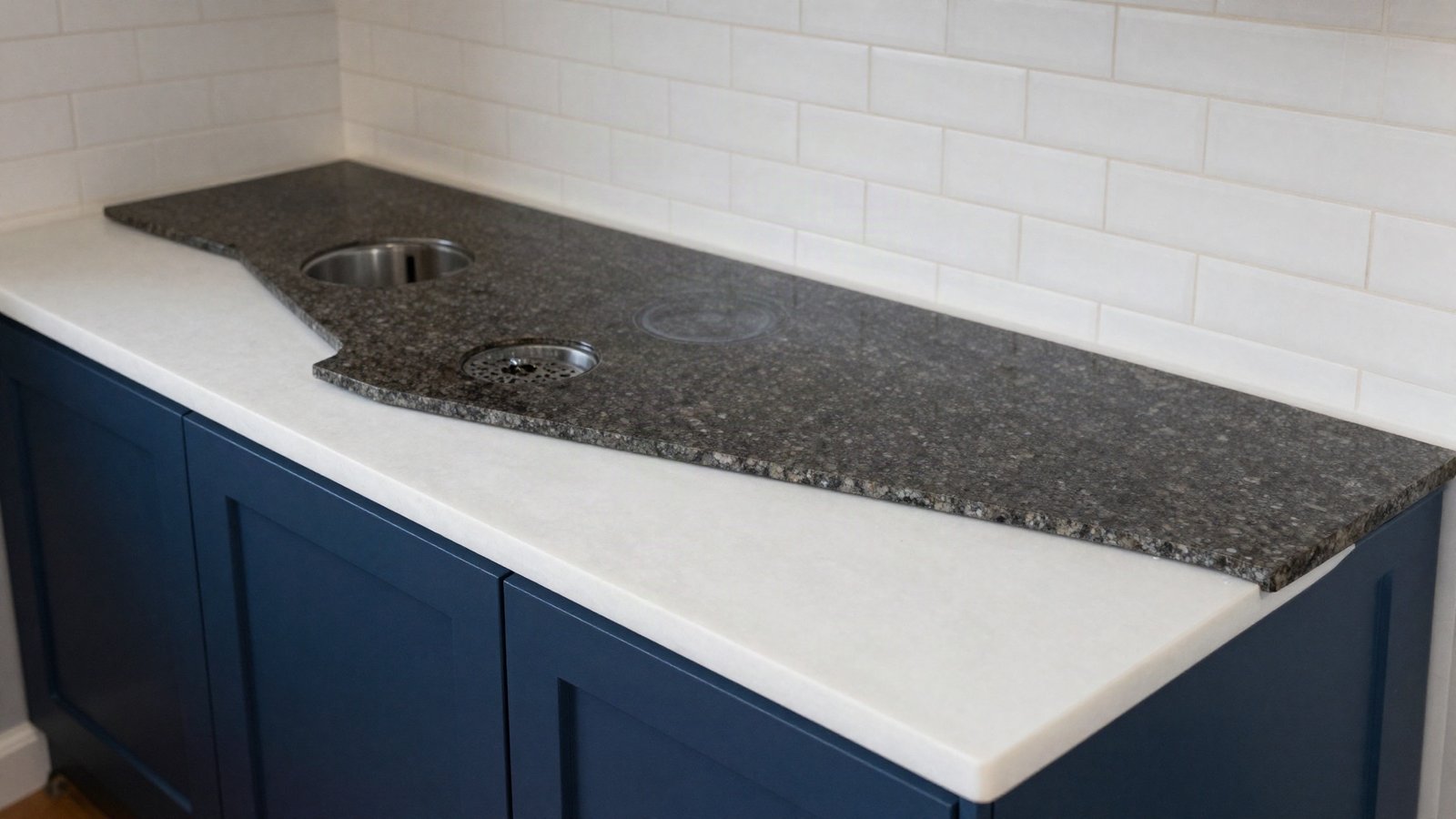 A polished dark speckled granite slab and a pale veined white quartz slab resting on navy shaker kitchen cabinets during a UK worktop replacement