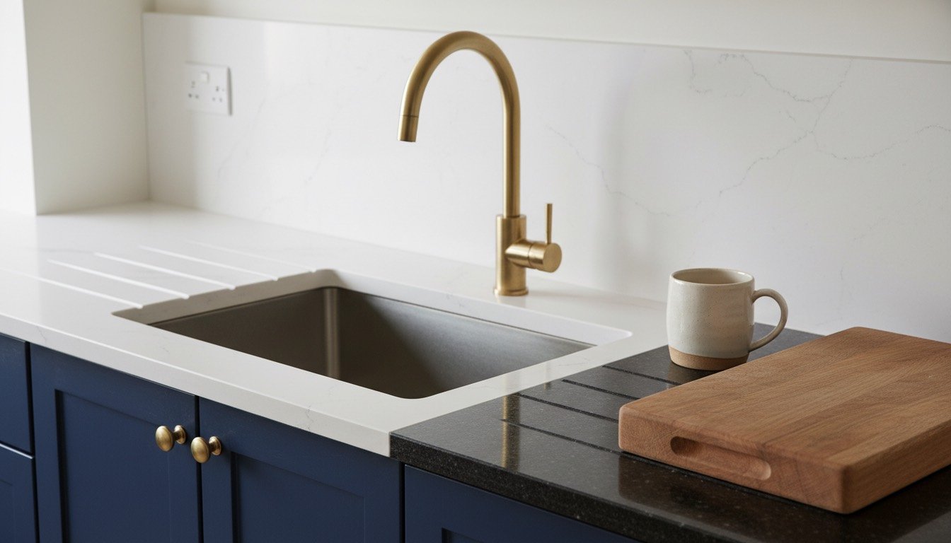 A UK kitchen with a pale veined quartz worktop run next to a polished dark granite offcut, undermount sink and navy shaker cabinets