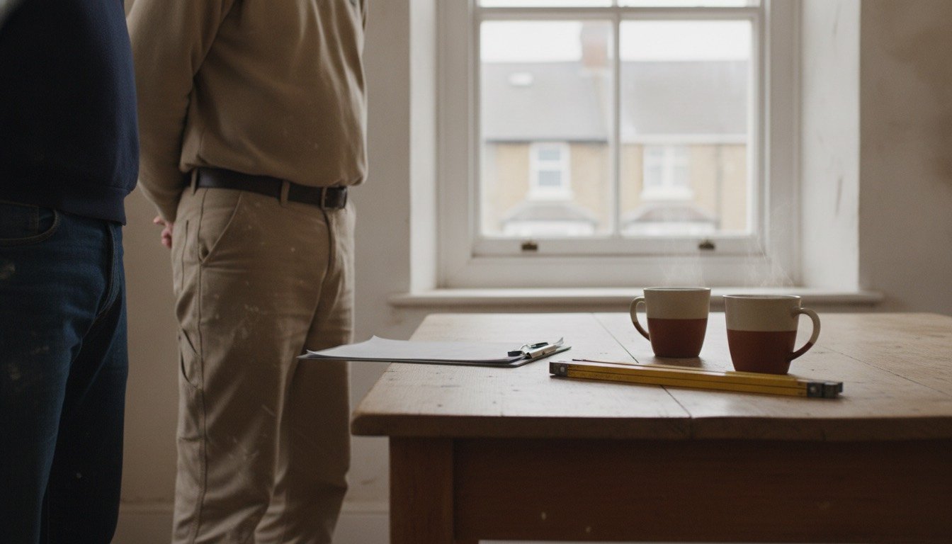 A homeowner and a builder standing at a kitchen table reviewing a written quote on a clipboard, with a folding rule and mugs of tea nearby