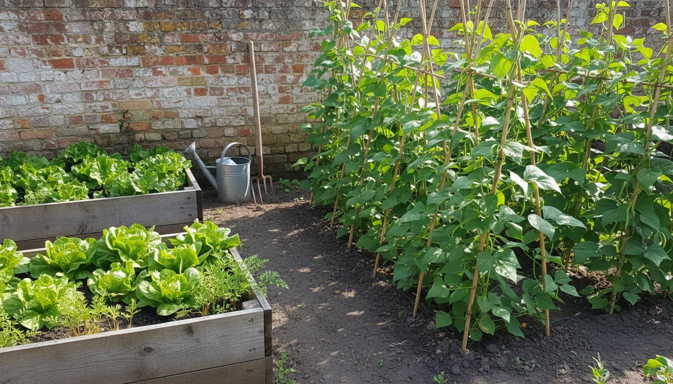 Timber raised beds planted with salad leaves beside an open in-ground vegetable plot in a walled UK back garden